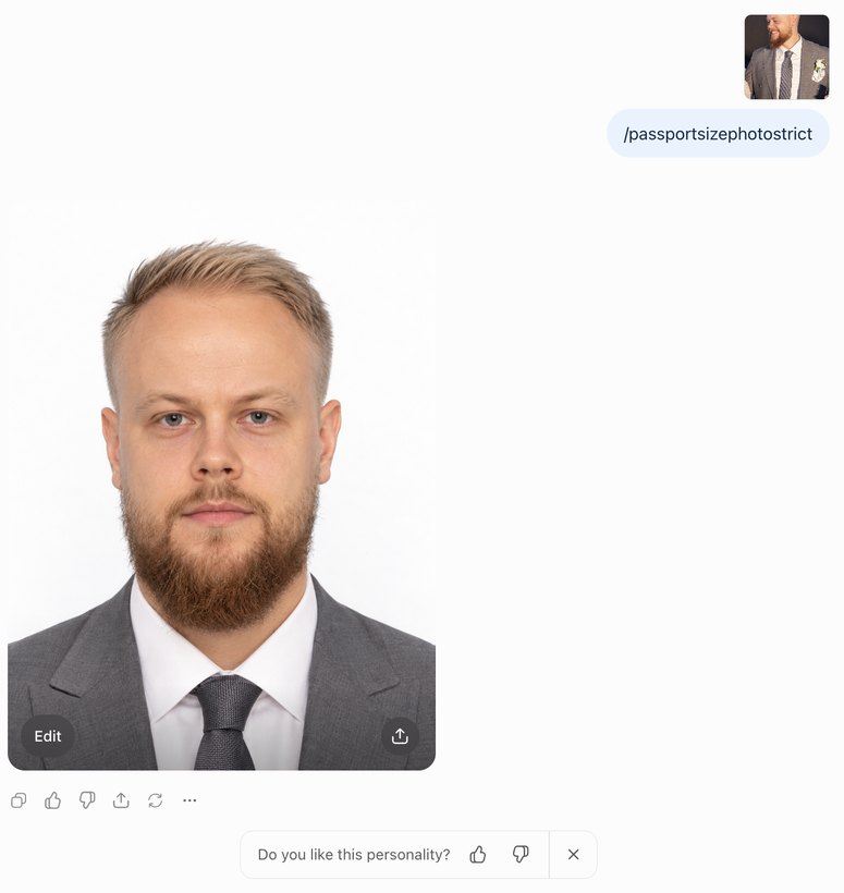 Чат ChatGPT: моё фото и /passportsizephotostrict, в ответ мой портрет анфас на белом фоне в пиджаке