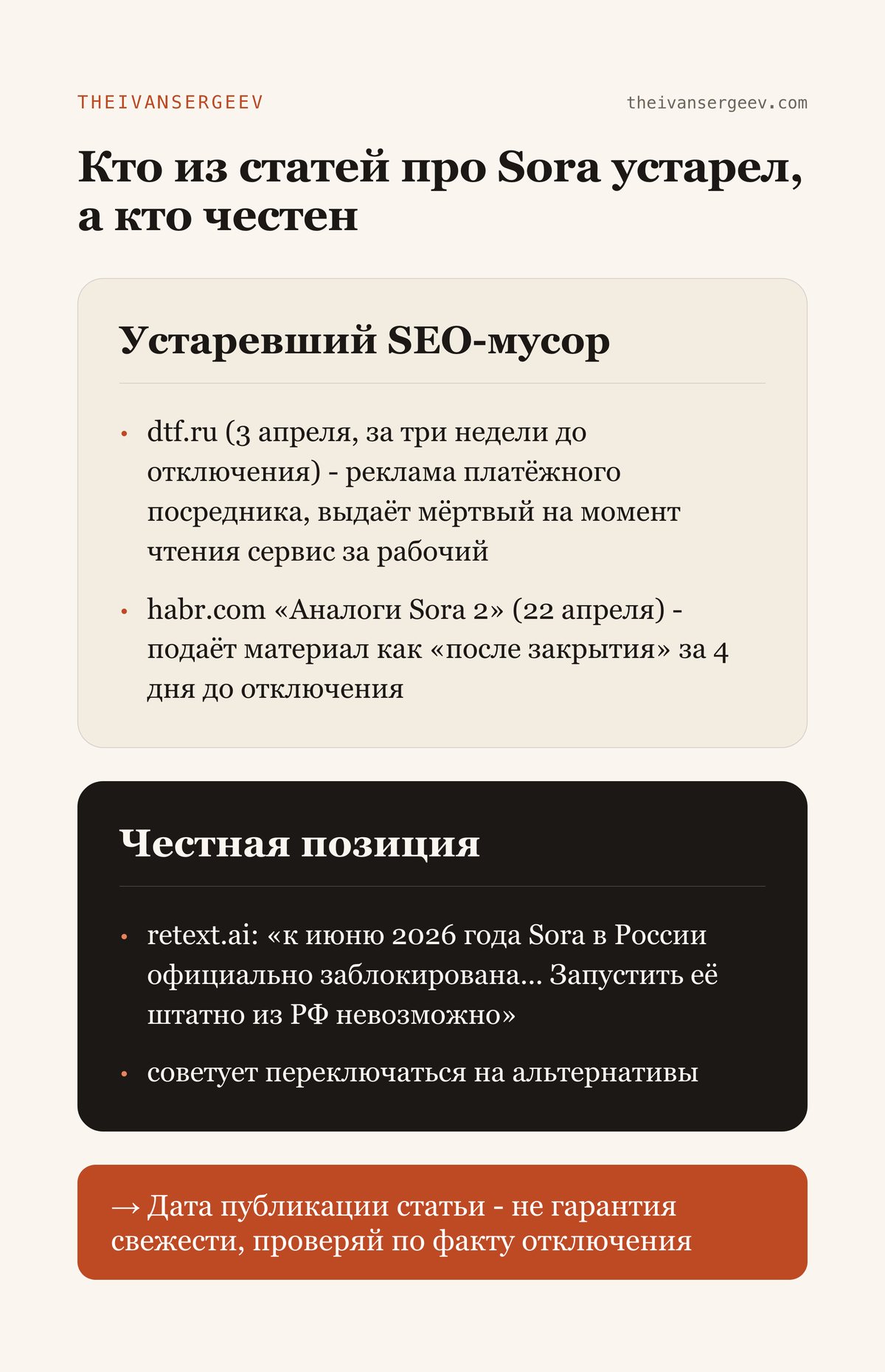 Сравнение статей про Sora: устаревший SEO-мусор dtf.ru и habr.com против честной позиции retext.ai