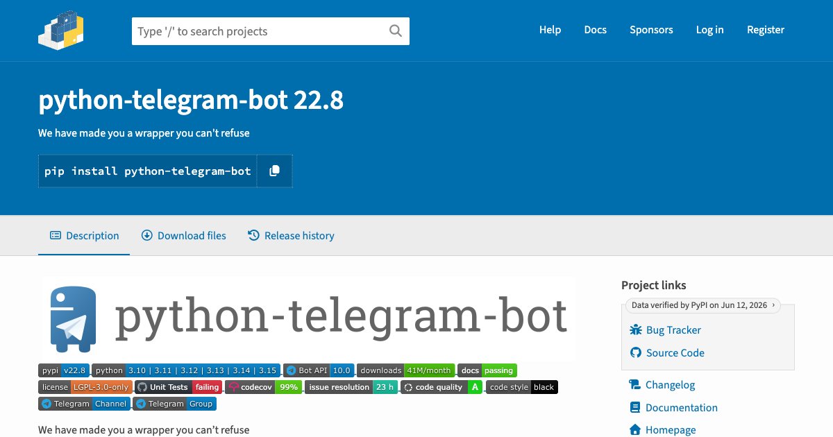 Страница python-telegram-bot на PyPI: номер версии 22.8, команда pip install, бейджи и 41M загрузок в месяц