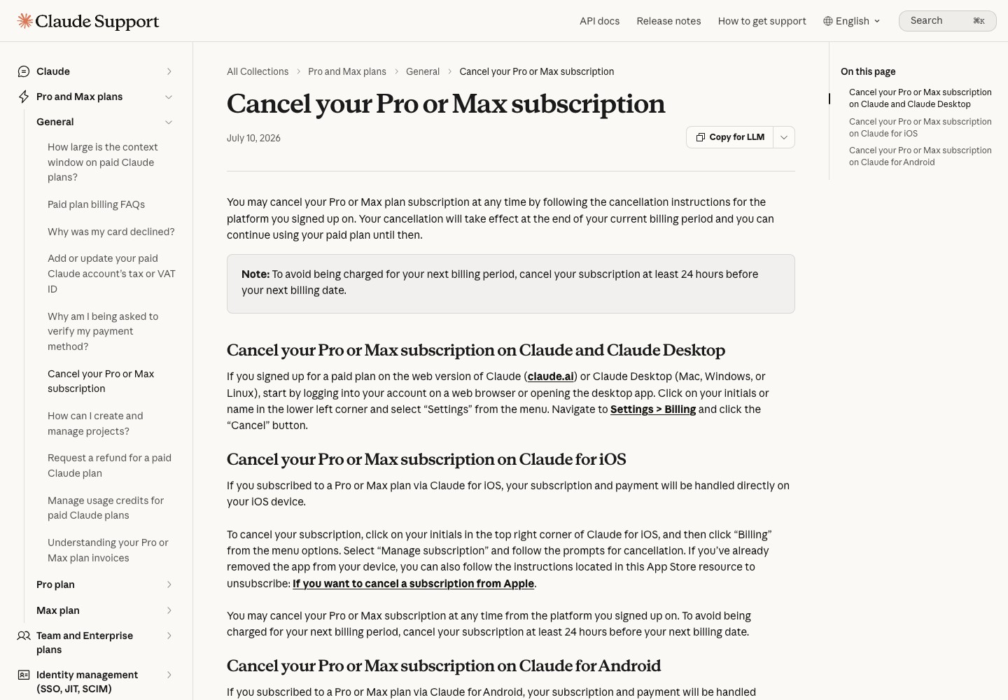Официальная страница Claude Support «Cancel your Pro or Max subscription» с инструкцией отмены