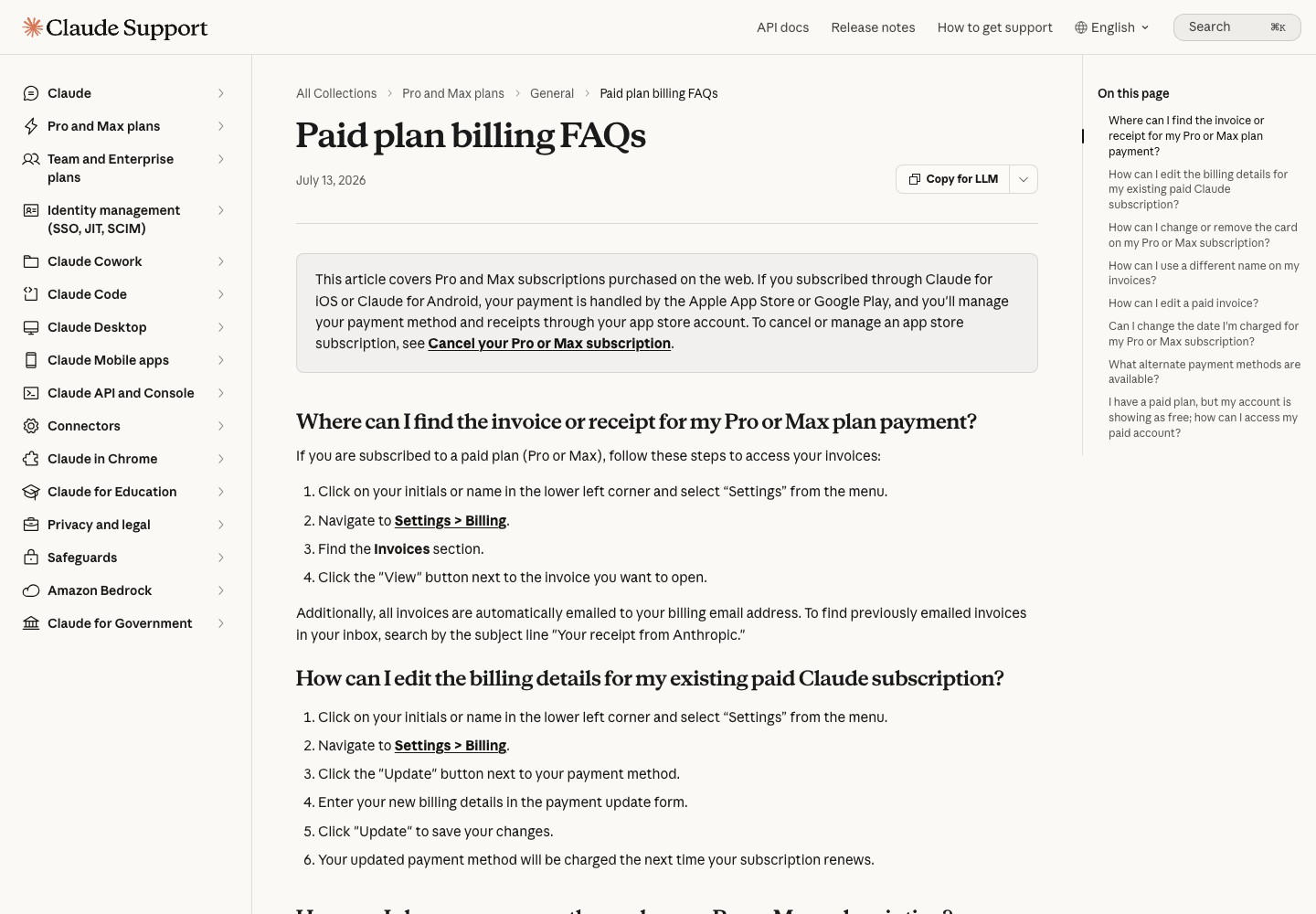Официальная страница Claude Support «Paid plan billing FAQs» с вопросами про оплаченный план