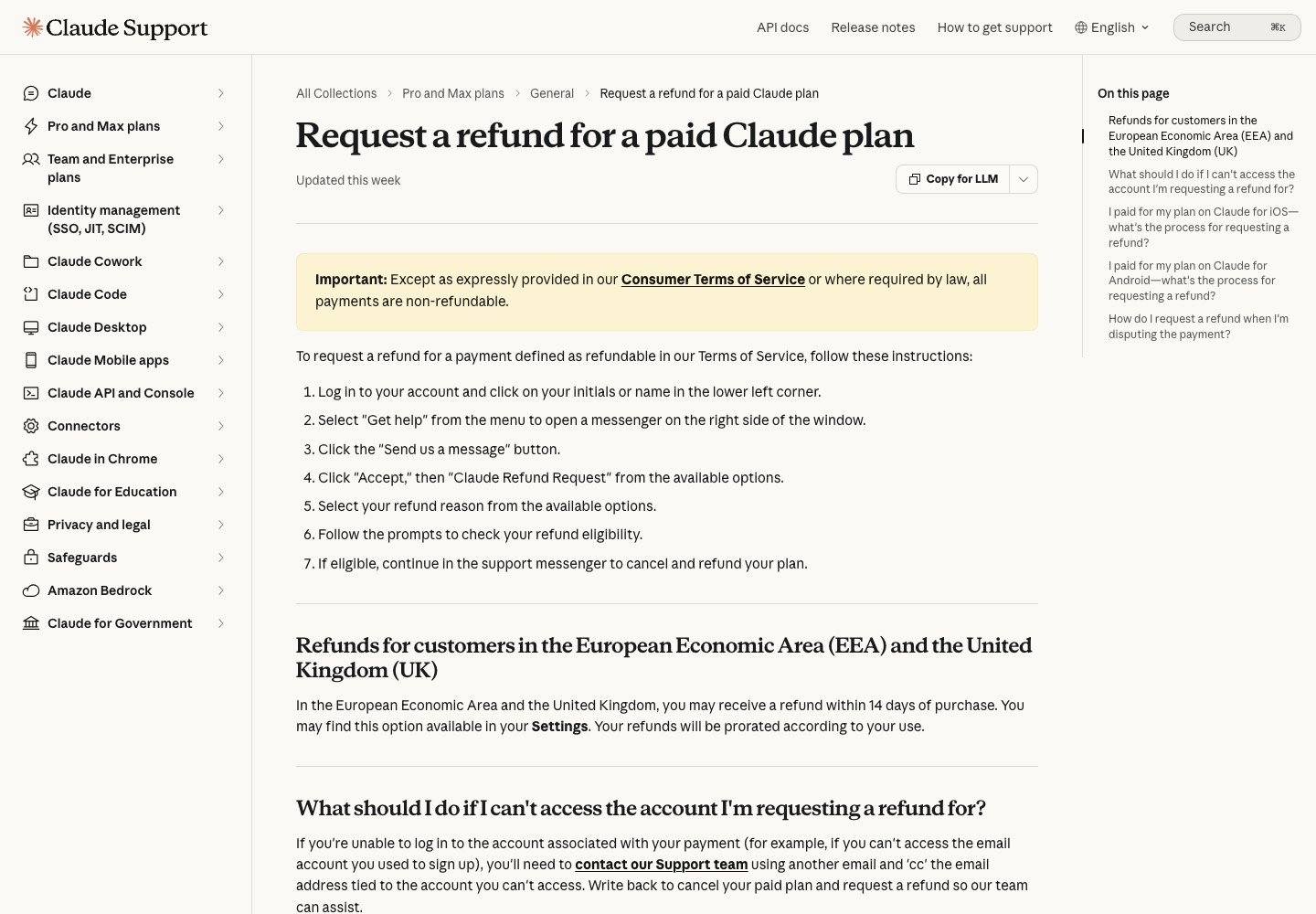 Официальная страница Claude Support «Request a refund for a paid Claude plan» с шагами обращения