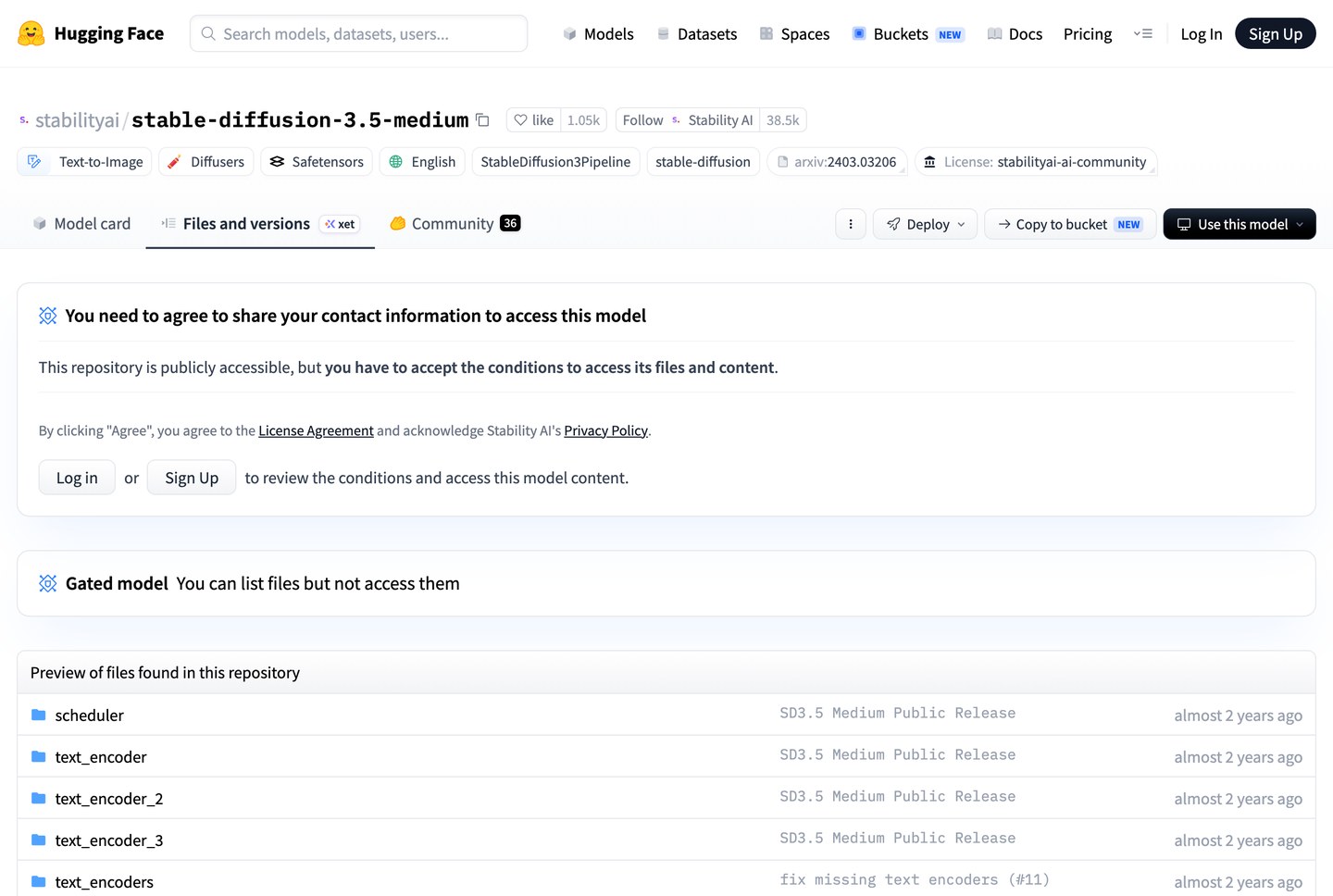 Страница файлов модели Stable Diffusion 3.5 Medium на Hugging Face с предупреждением о закрытом доступе