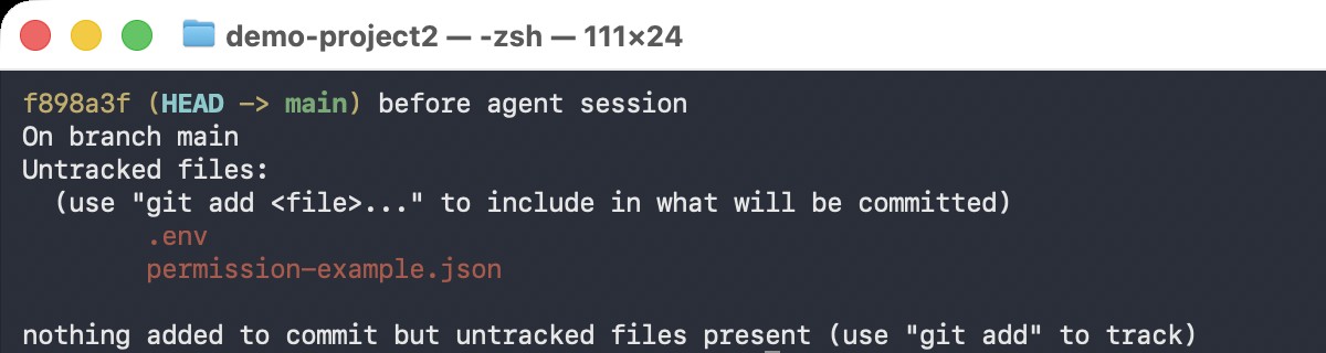 Реальный терминал: вывод git log и git status после сохранения состояния проекта перед сессией агента