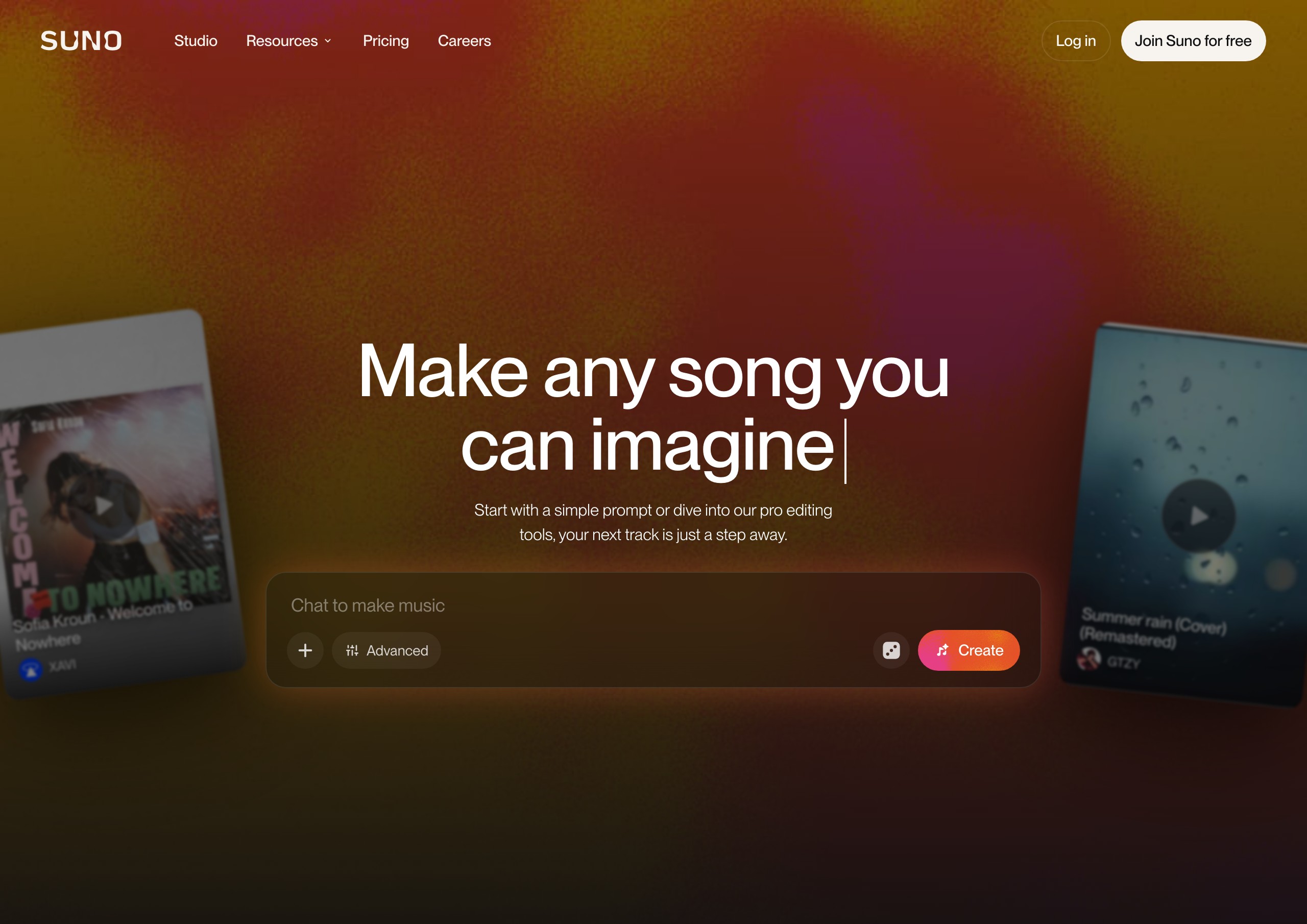 Главная страница Suno AI с заголовком Make any song you can imagine и полем ввода Chat to make music