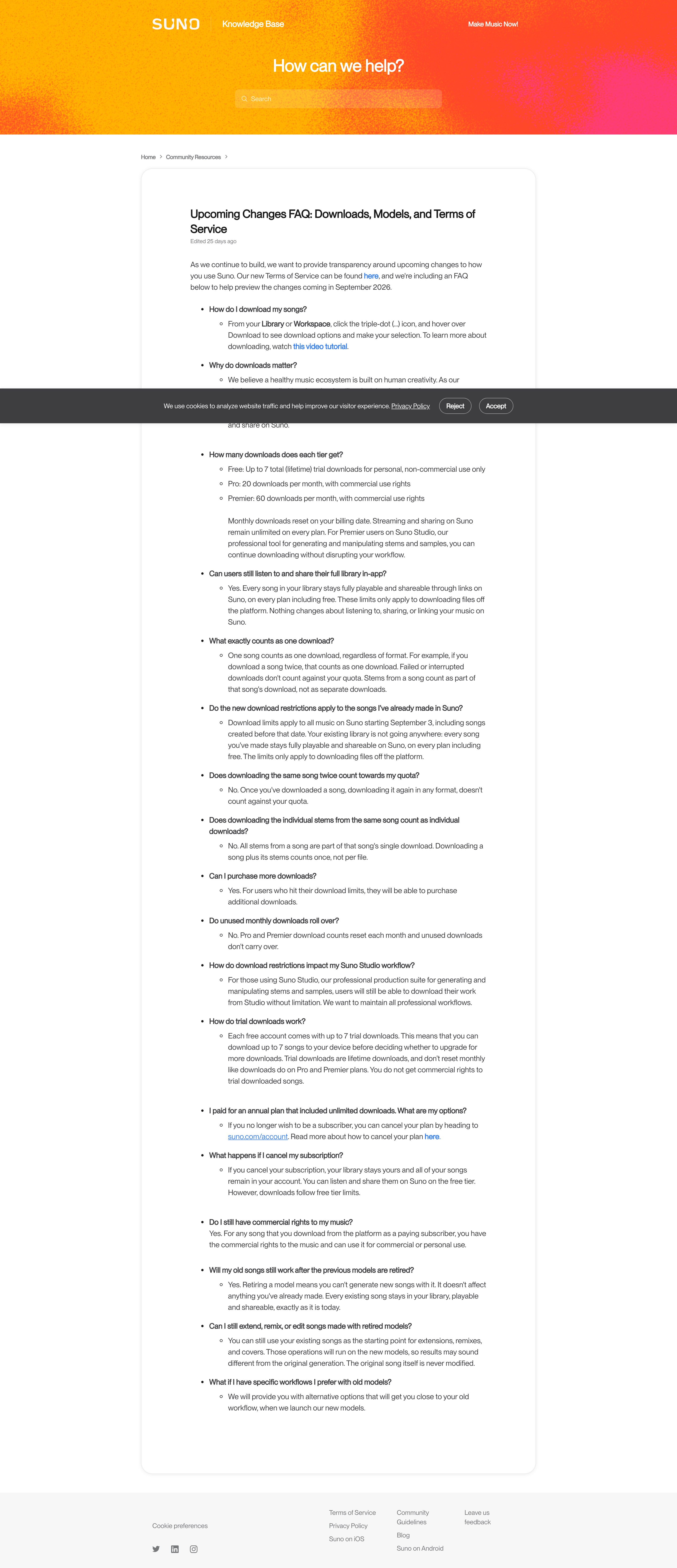 Официальная справка Suno с ответом на вопрос, сколько скачиваний даёт каждый тариф с 3 сентября 2026