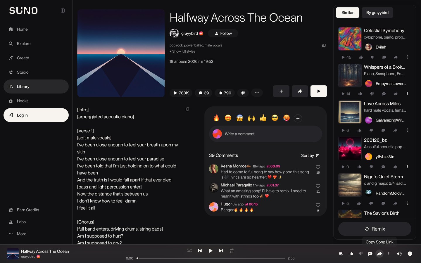 Готовый трек Halfway Across The Ocean на Suno: обложка, текст песни с тегами структуры и плеер внизу экрана