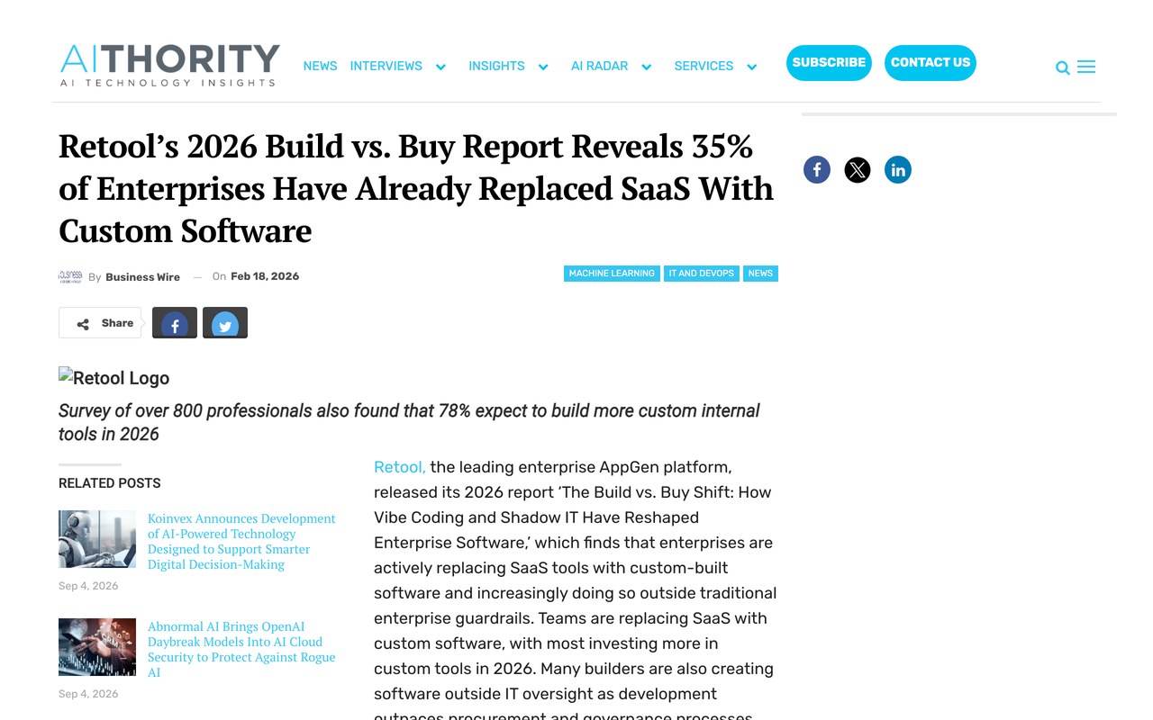 Заголовок статьи aithority.com про отчёт Retool 2026 Build vs. Buy с цифрами 35% и 78%