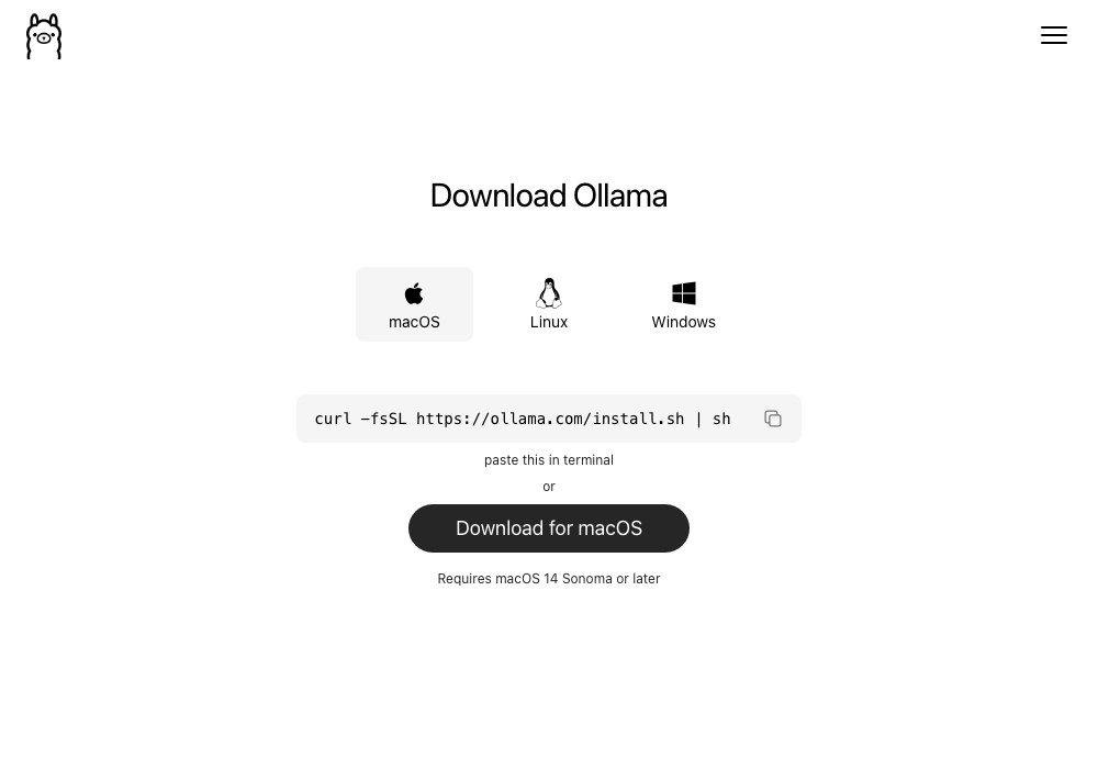 Страница загрузки Ollama в версии для Mac с кнопкой Download for macOS и строкой команды установки
