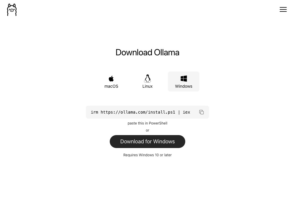Та же страница загрузки Ollama под Windows с кнопкой Download for Windows и своей строкой команды