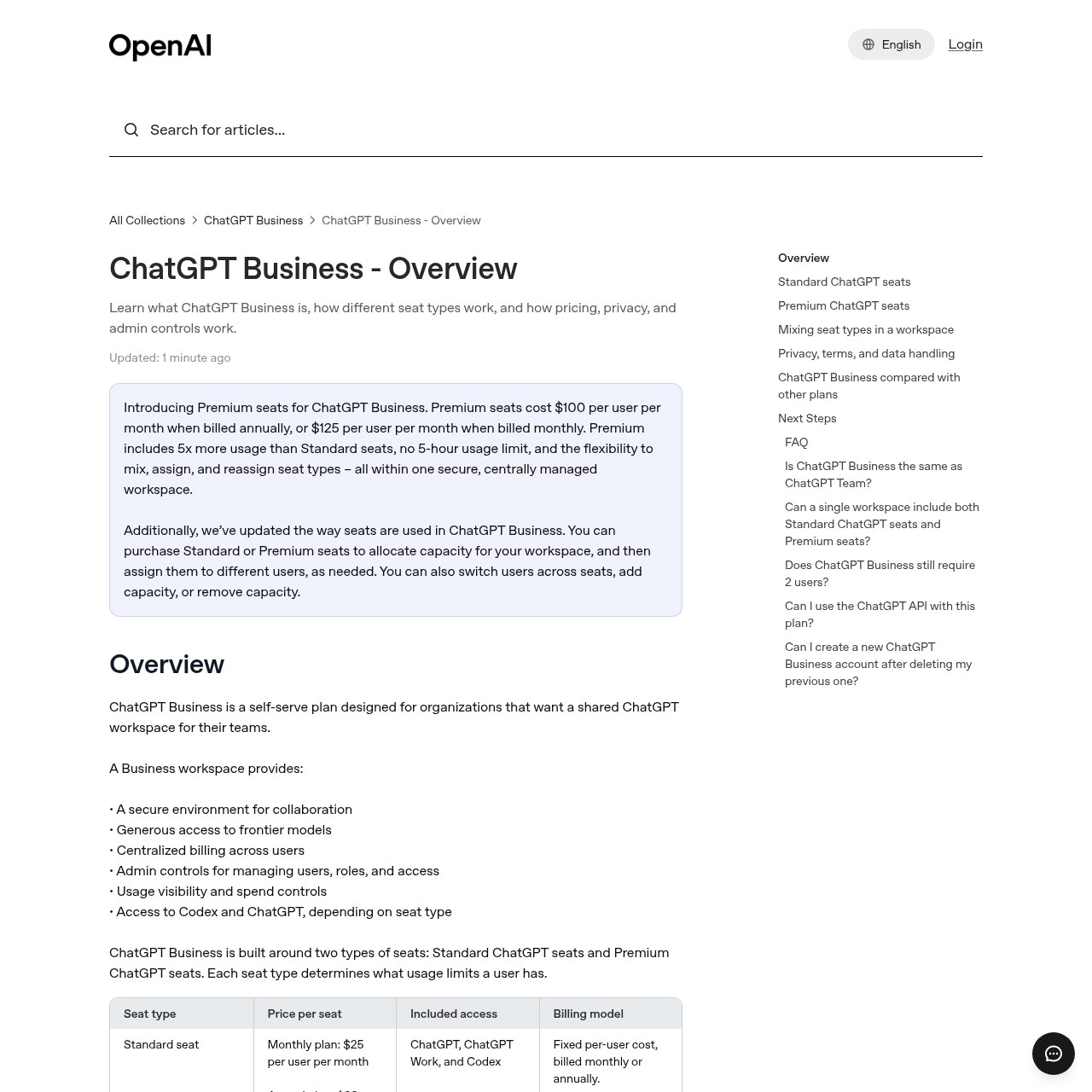 Справка OpenAI про ChatGPT Business: таблица цен обычного и премиум-места по месяцам и по году