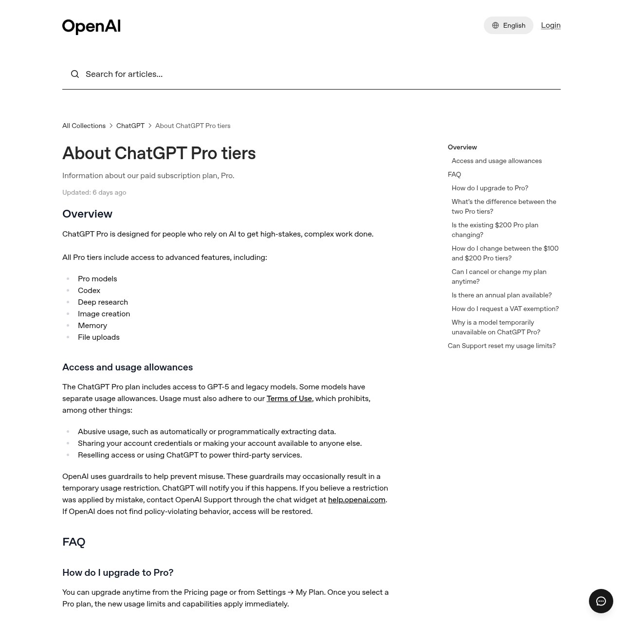 Страница справки OpenAI про два тарифа Pro за 100 и за 200 долларов в месяц