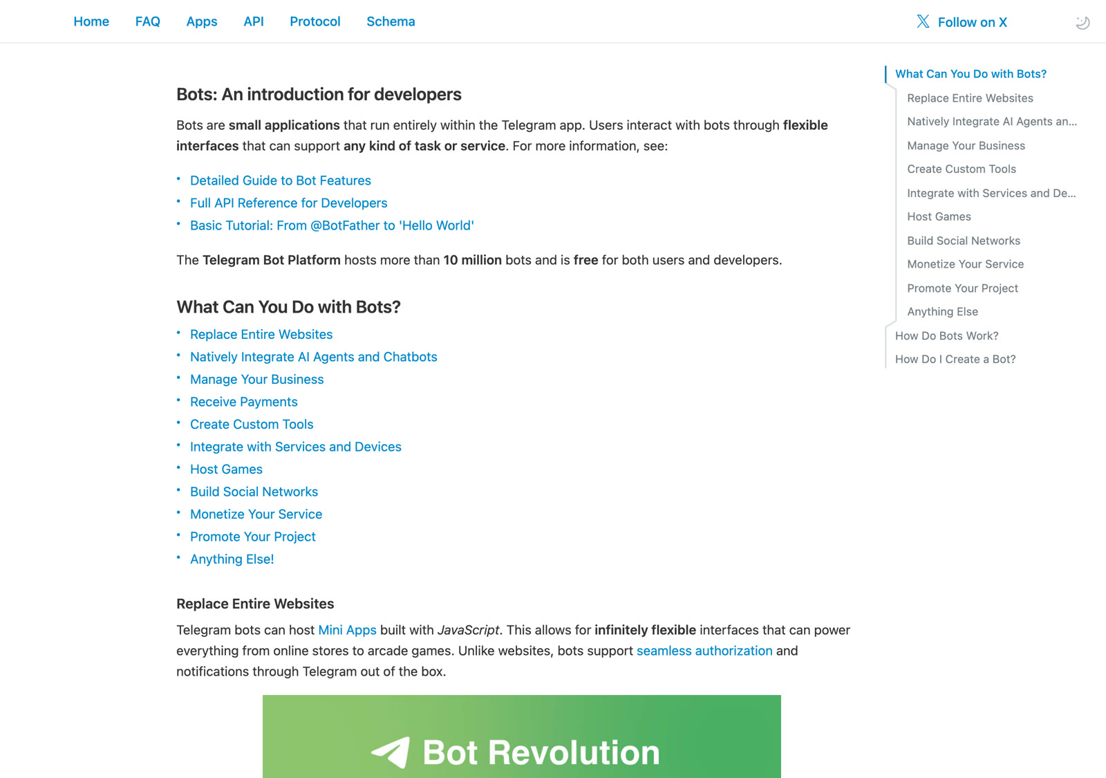 Официальная страница Telegram для разработчиков, раздел «What Can You Do with Bots?» со списком из 11 пунктов применения