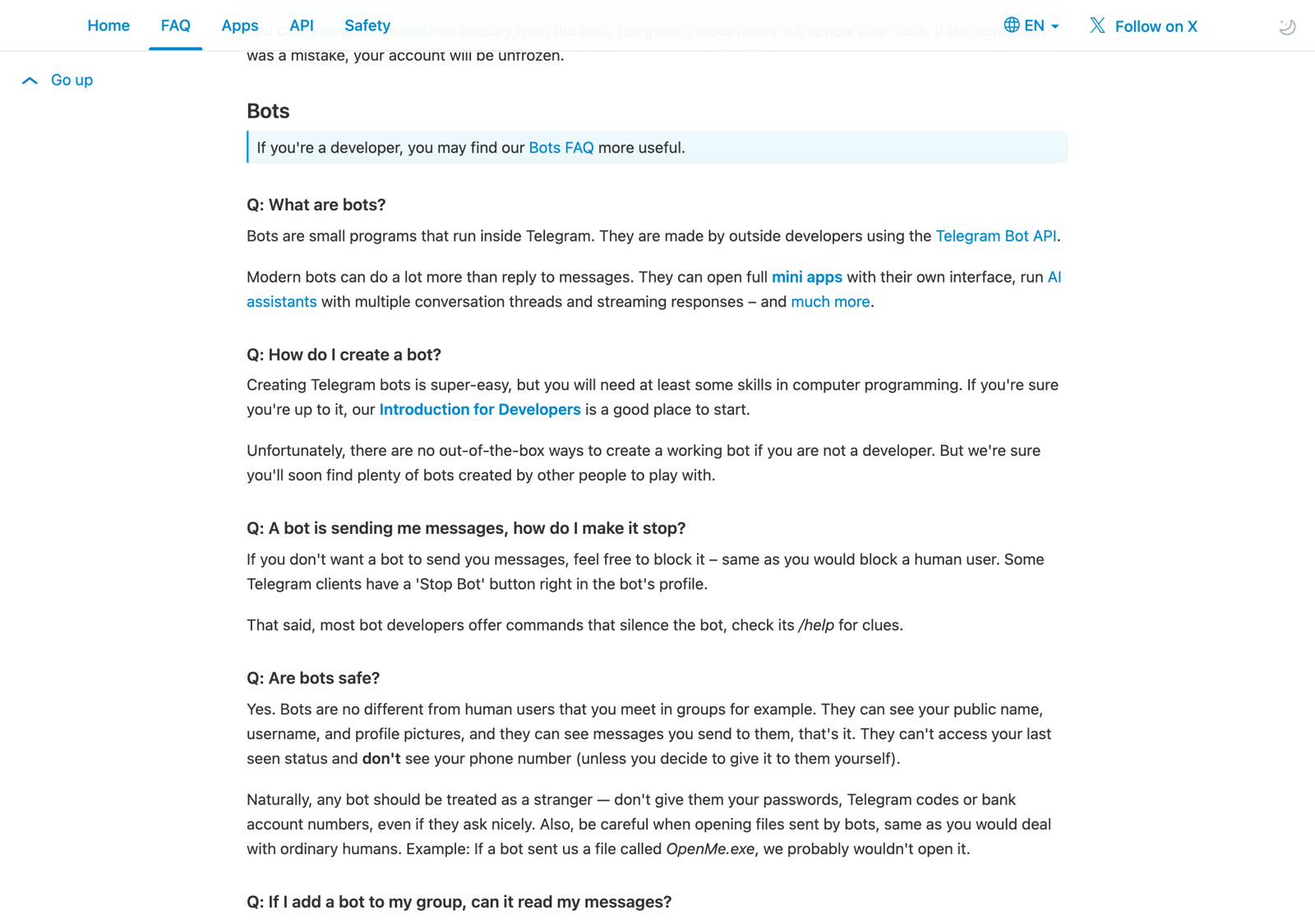Официальный FAQ Telegram: ответ про создание бота без штатного способа обойтись без программирования