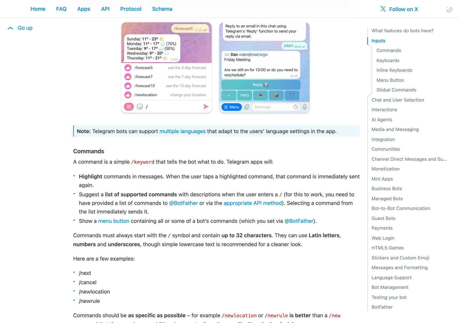 Официальная справка Telegram, раздел про команды бота с примером погодного бота и списком доступных команд после слеша