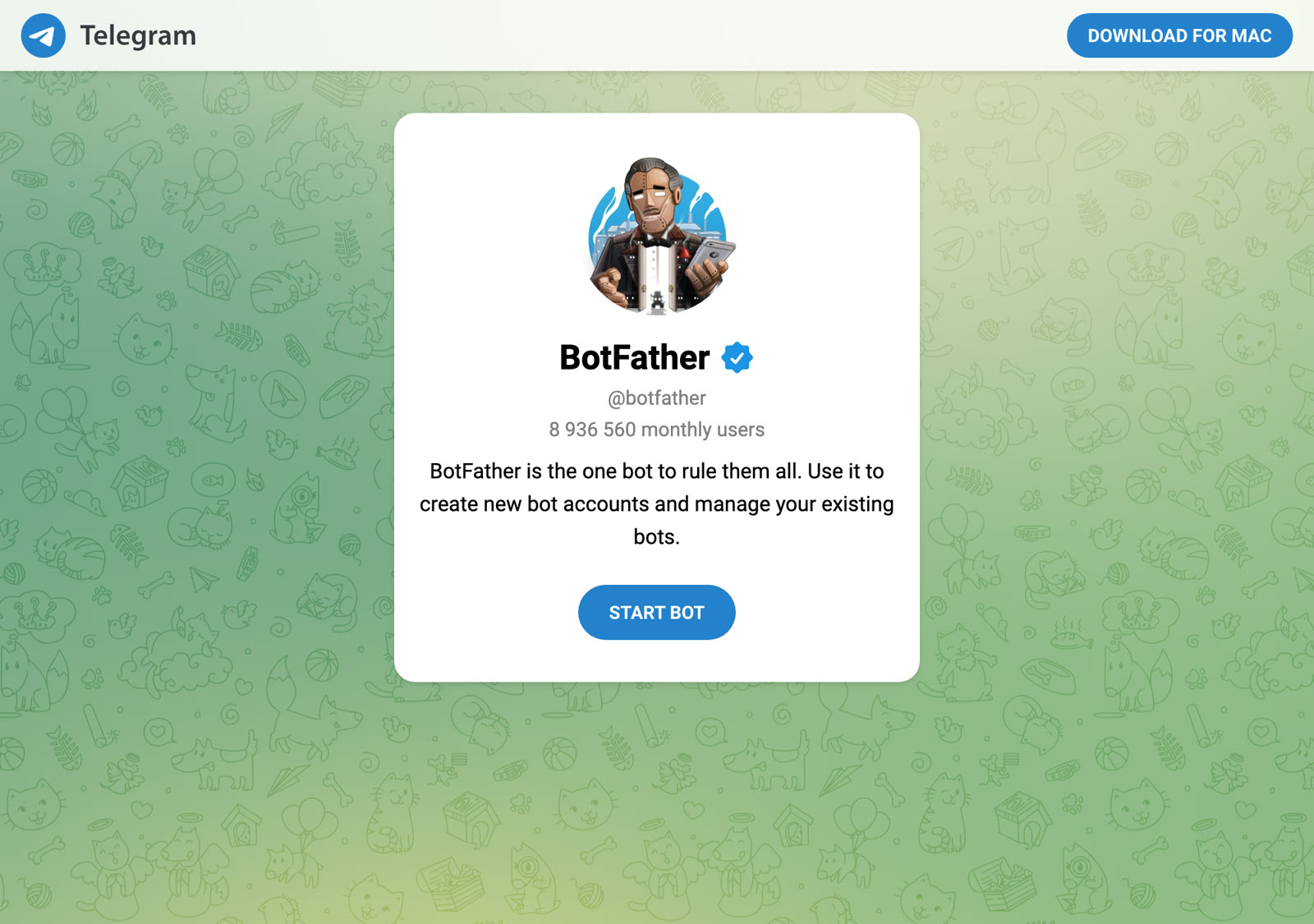 Публичная карточка BotFather в вебе Telegram: имя, юзернейм, число пользователей в месяц и описание функции