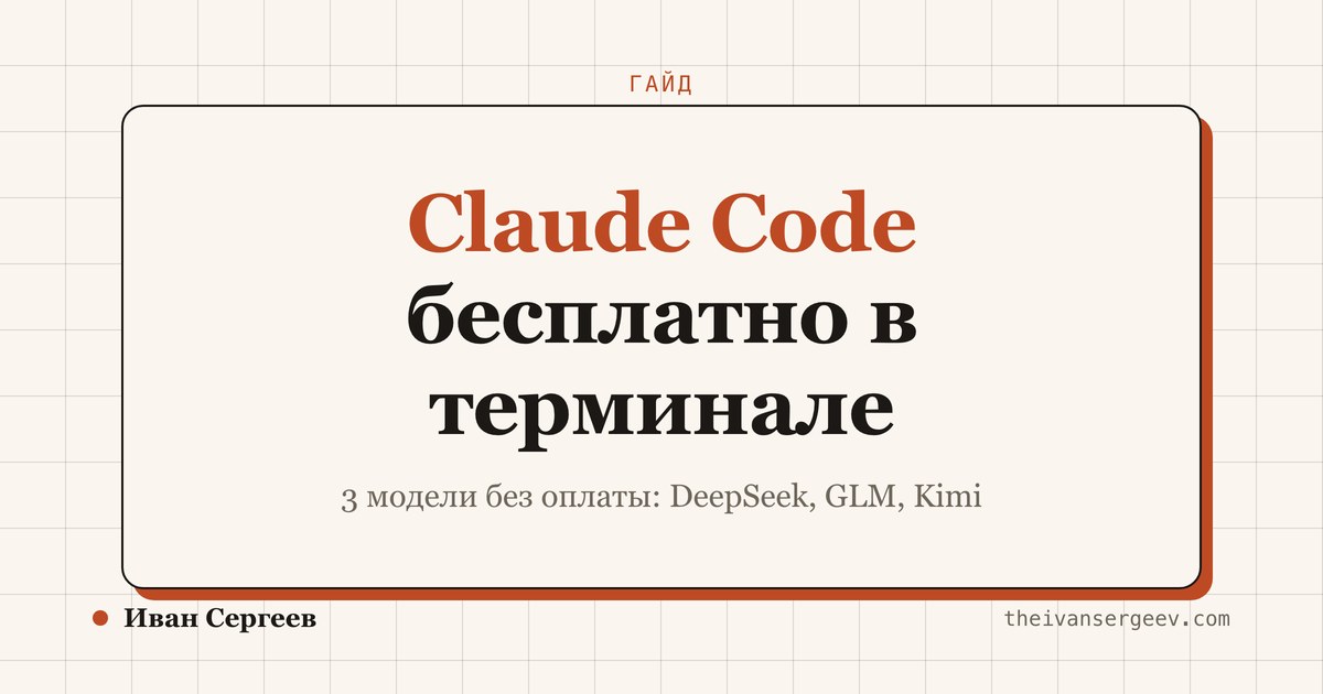 Обложка гайда про бесплатный запуск Claude Code: тёмная сетка, заголовок материала, подпись DeepSeek, GLM и Kimi