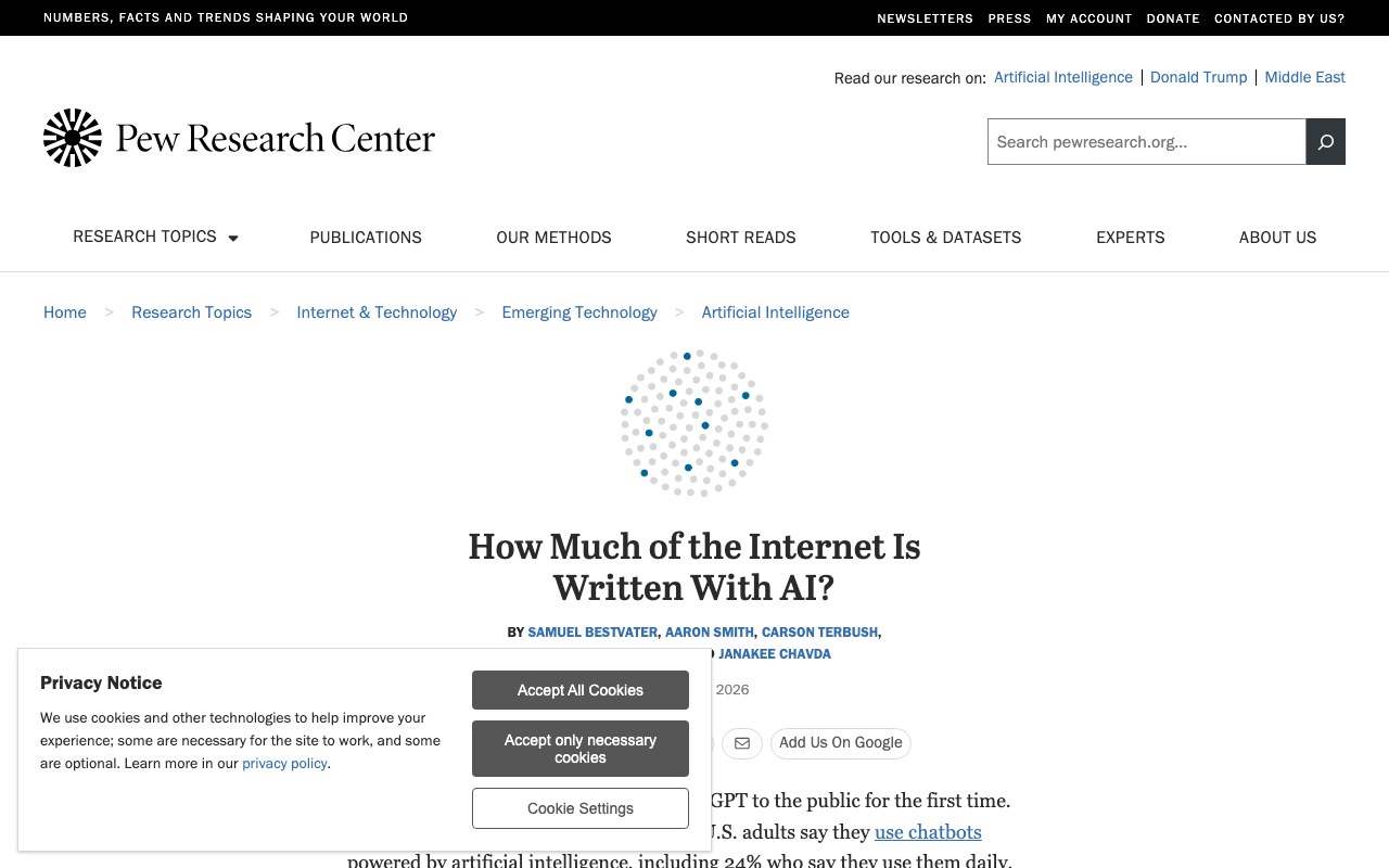 Титульная страница отчёта Pew Research о доле ИИ-текста в интернете, дата публикации 20 августа 2026
