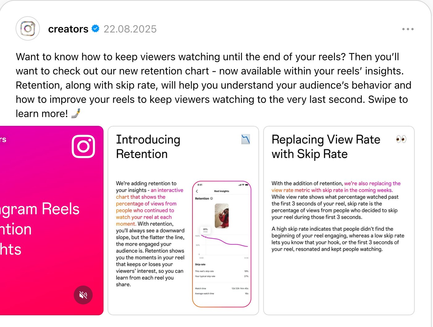 Пост официального аккаунта creators в Threads: анонс графика удержания Retention и замены View Rate на Skip Rate