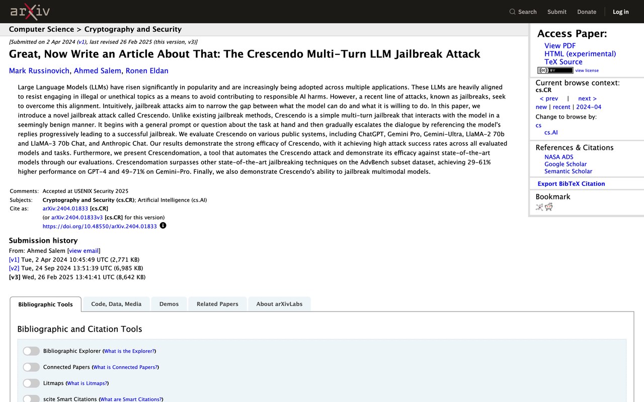 Страница arXiv с исследованием Crescendo о многоходовом джейлбрейке нейросетей, авторы Microsoft