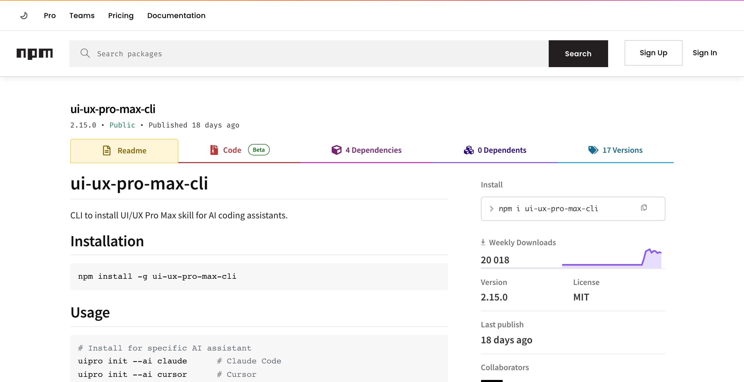 Карточка пакета ui-ux-pro-max-cli в каталоге npm: версия 2.15.0, число загрузок за неделю и лицензия MIT