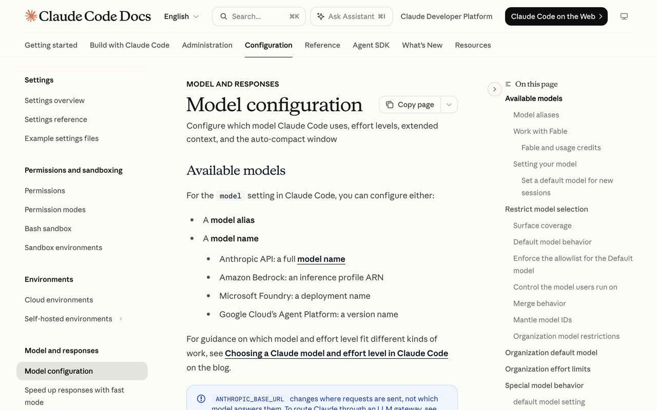 Официальная страница документации Claude Code Docs про настройку моделей и уровни effort