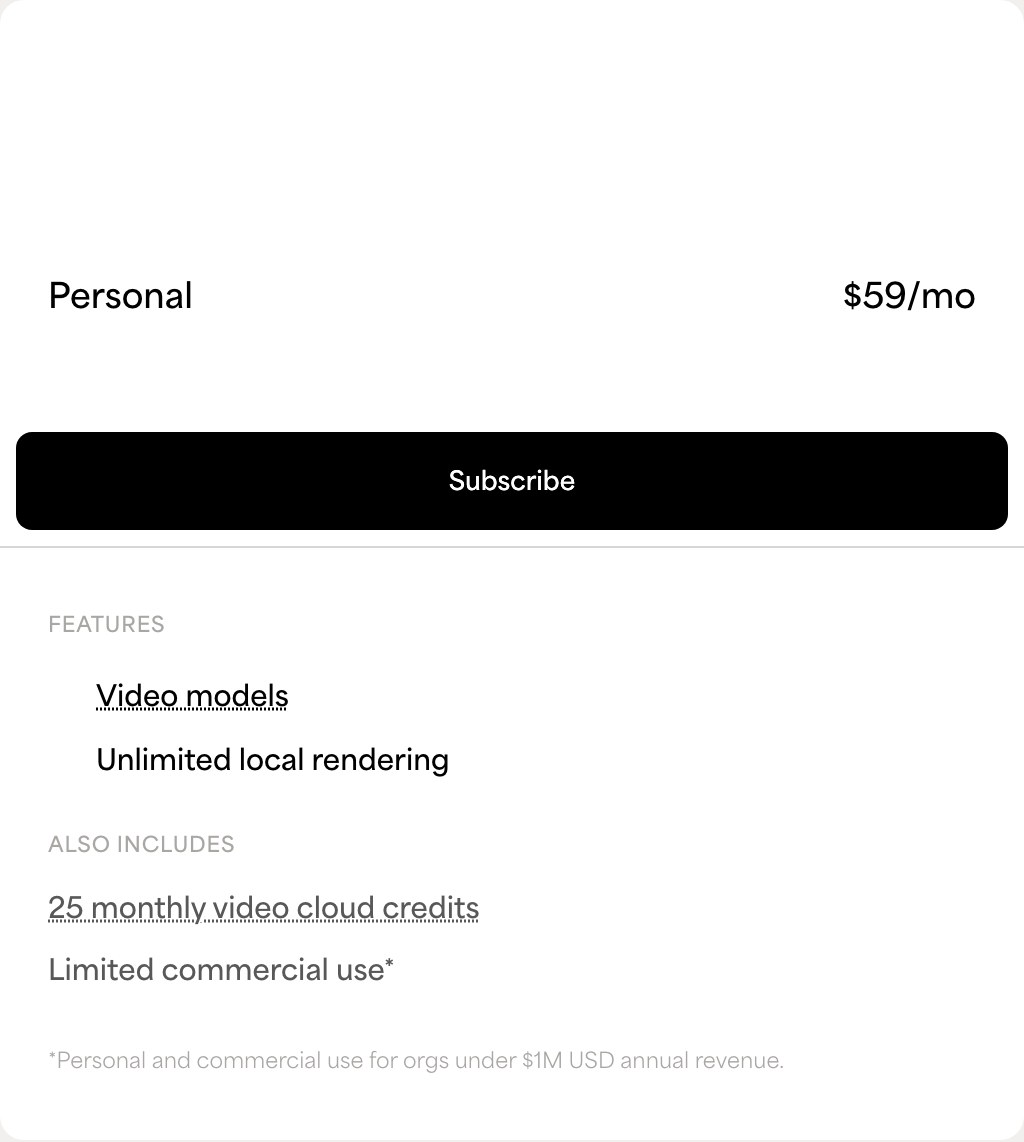 Карточка тарифа Personal у Topaz Video AI: 59 долларов в месяц и безлимитный локальный рендер