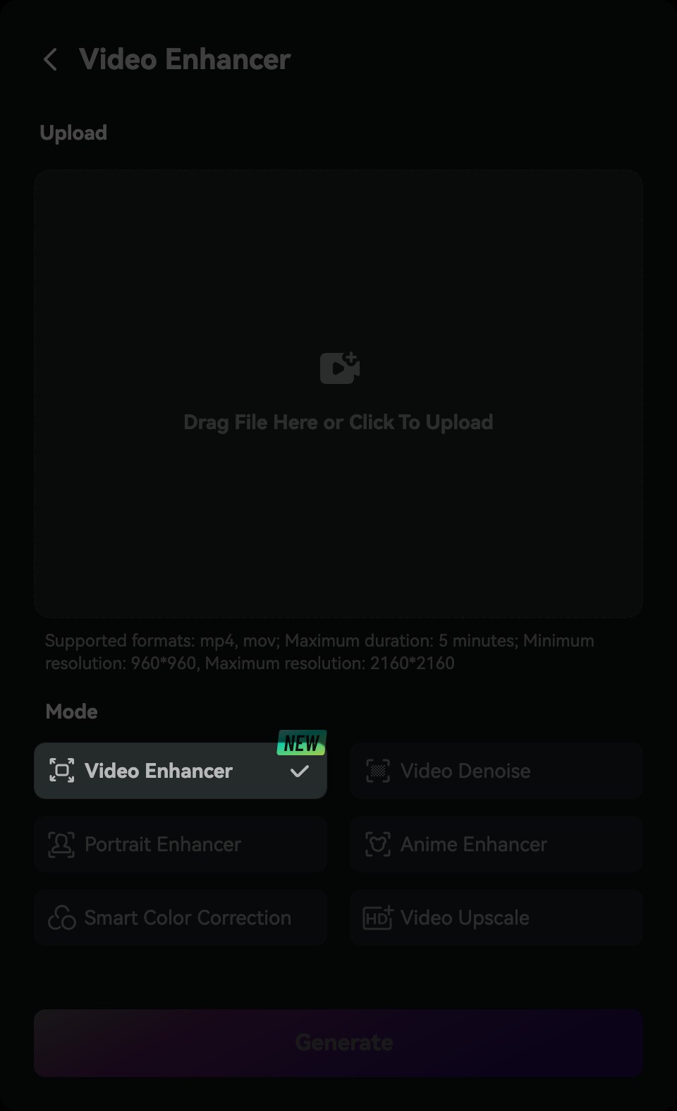 Окно загрузки видео в AI Video Enhancer на media.io с пределами: 5 минут и разрешение до 2160 на 2160