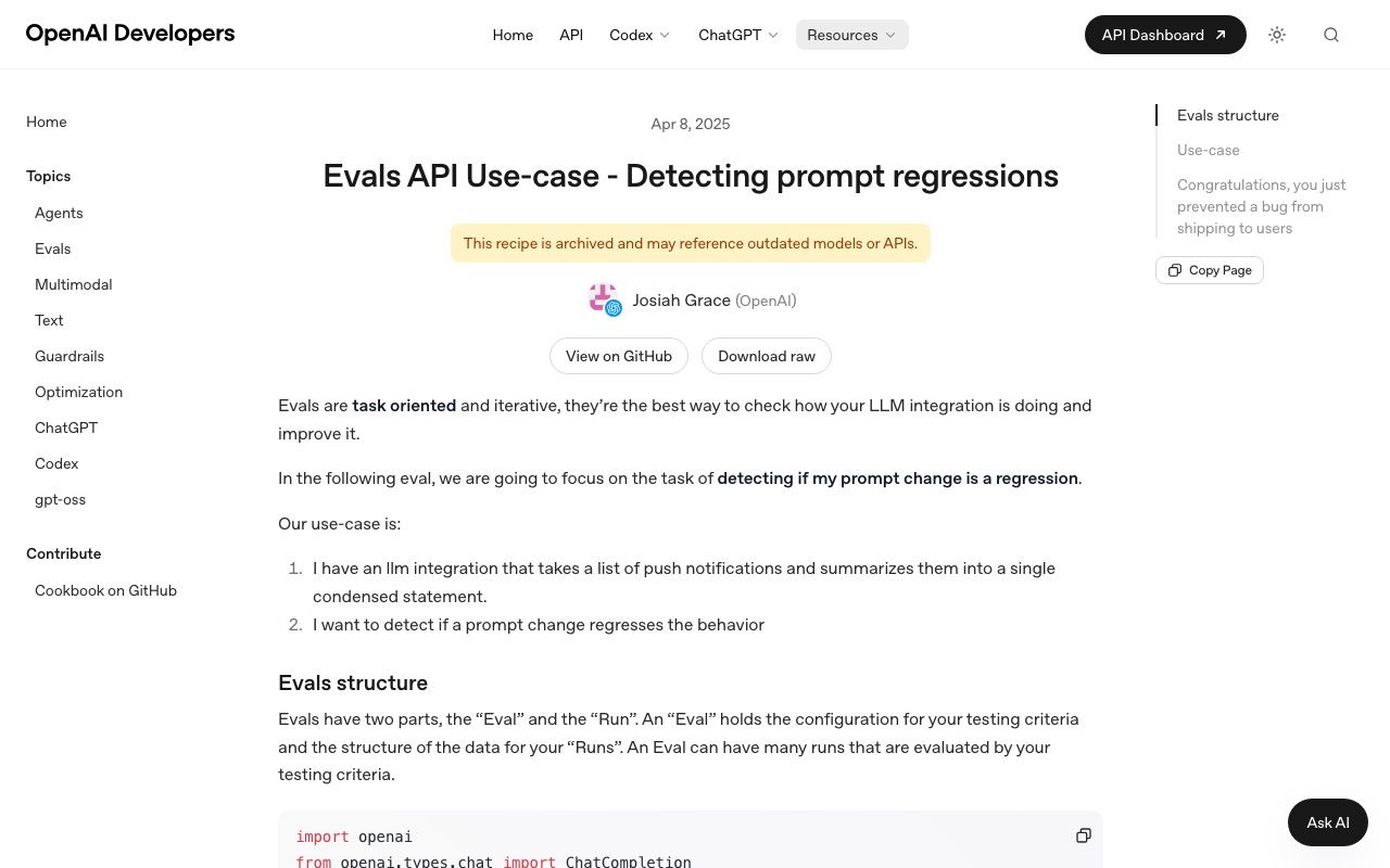 Официальный пример OpenAI: обнаружение регрессии промпта через сравнение двух прогонов на одном наборе вопросов