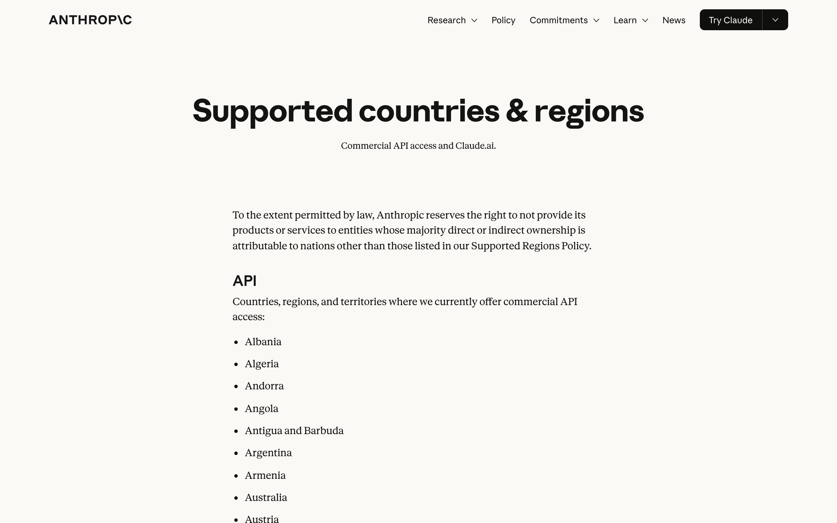Официальная страница списка поддерживаемых стран Anthropic, в перечне для API России нет
