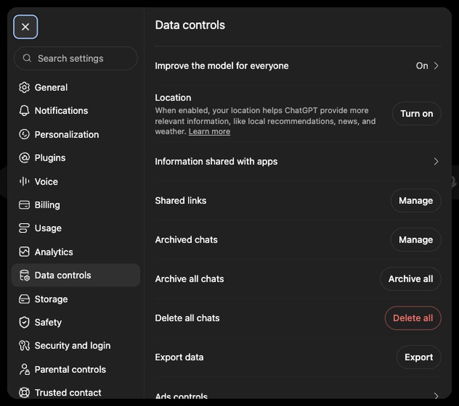 Окно настроек ChatGPT, раздел Data controls: строка Shared links с кнопкой Manage среди других настроек данных