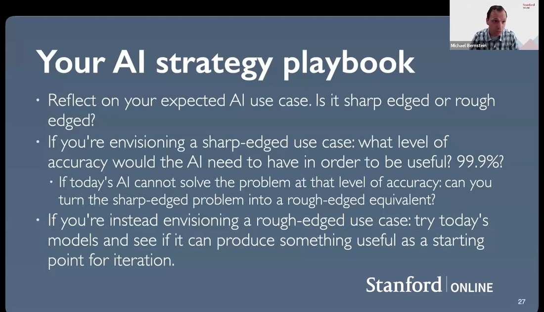 Слайд вебинара Your AI strategy playbook с четырьмя вопросами Бернштейна для проверки своей задачи