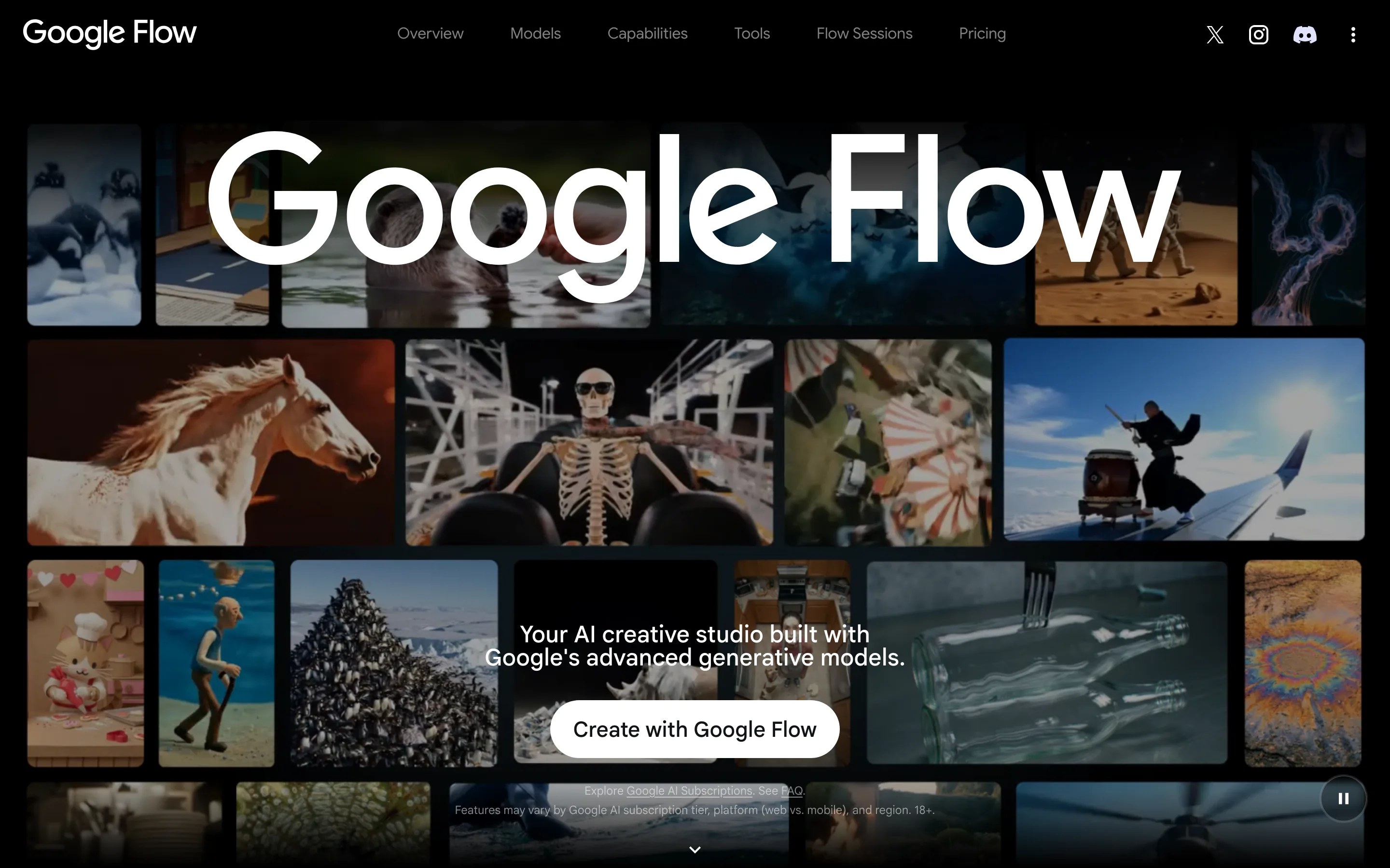 Верх страницы Google Flow: заголовок над сеткой роликов и белая кнопка Create with Google Flow