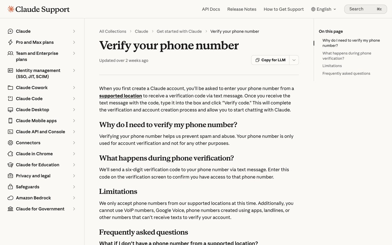Официальная справка Anthropic Verify your phone number с разделом Limitations про поддерживаемые локации