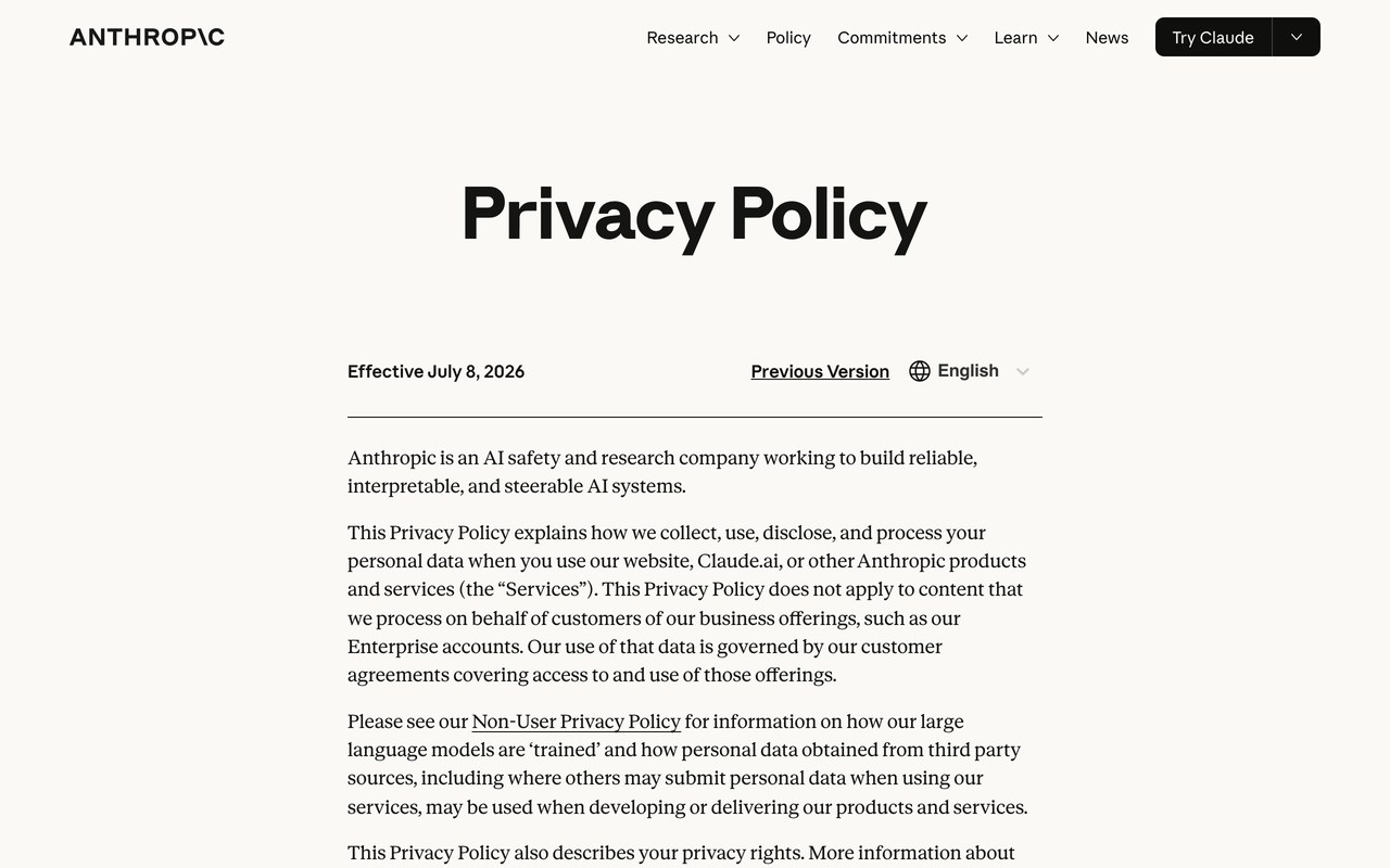 Официальная Privacy Policy Anthropic с датой вступления в силу 8 июля 2026 года