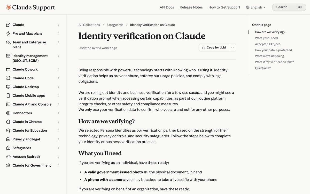 Официальная справка Anthropic Identity verification on Claude со списком принимаемых документов