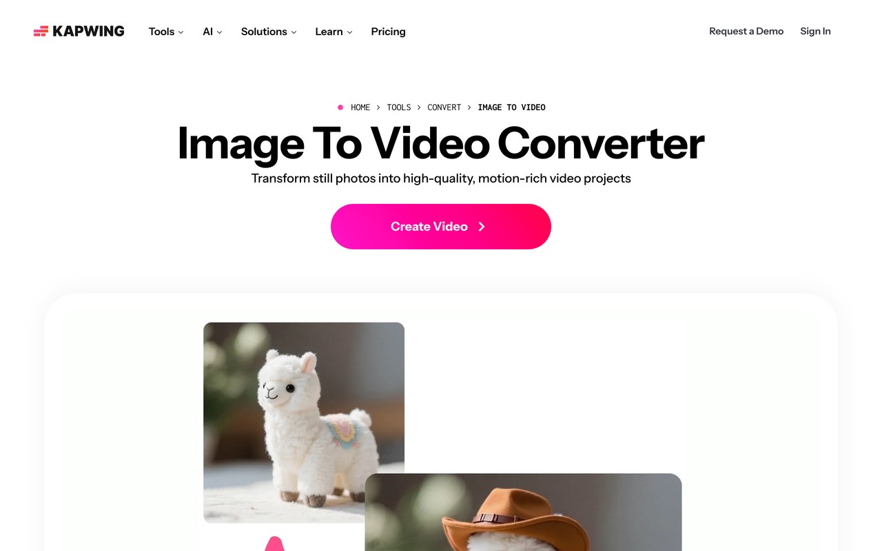 Официальная страница Kapwing Image To Video Converter с кнопкой Create Video и разделом Step By Step