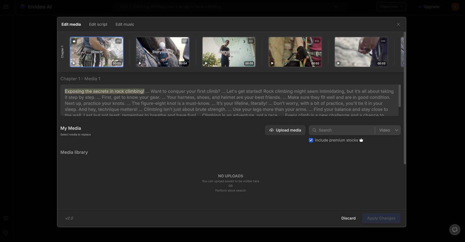 Рабочее окно invideo AI: текст сценария разложен по главам, под ним лента подобранных клипов с хронометражом