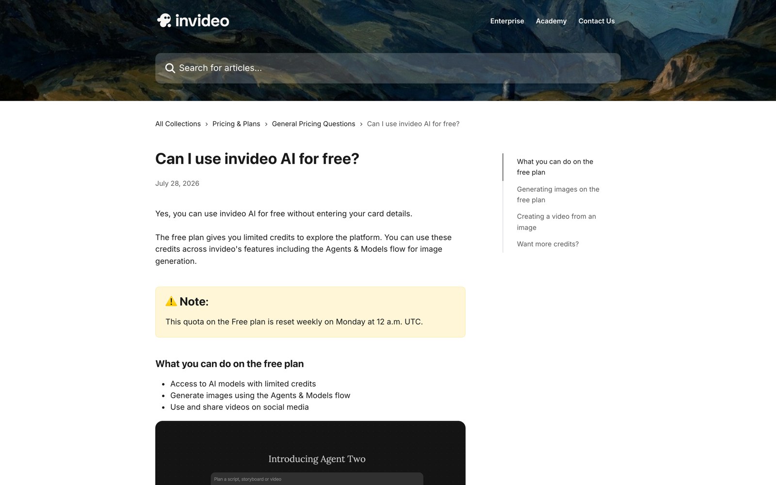 Справка invideo AI: бесплатный режим без ввода карты, квота обнуляется в понедельник в полночь UTC