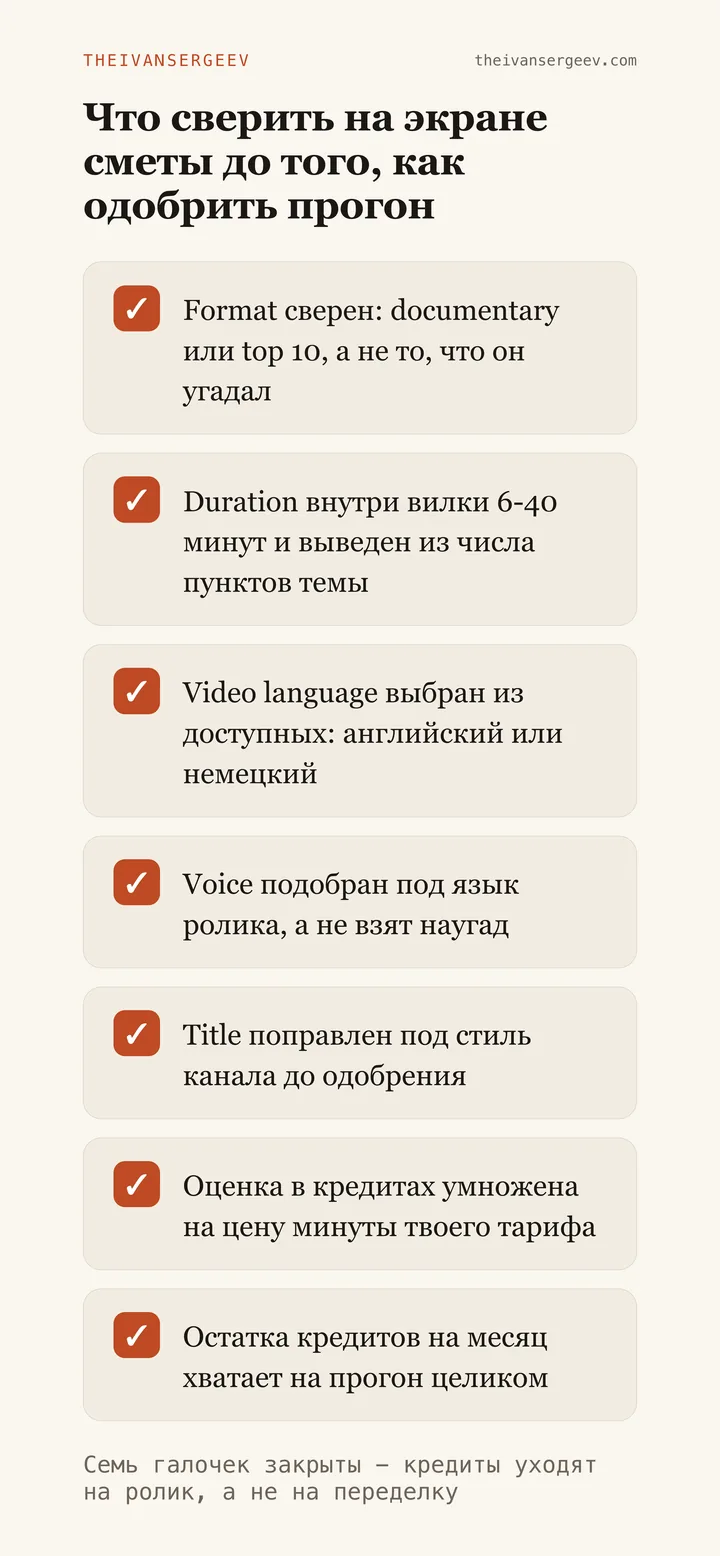 Чек-лист из семи пунктов, которые надо сверить на экране сметы VidRush до одобрения прогона