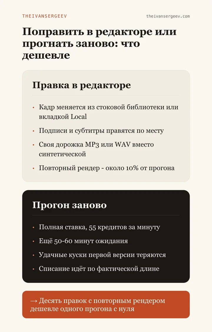 Сравнение правки в редакторе VidRush и полного прогона заново по расходу кредитов и времени