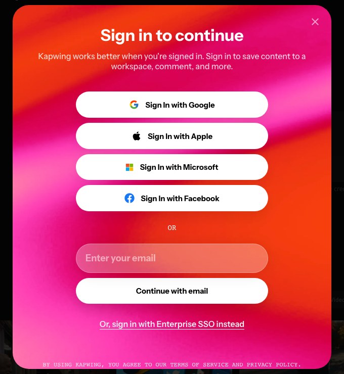 Окно Kapwing Sign in to continue с кнопками входа через Google, Apple, Microsoft, Facebook и полем для почты