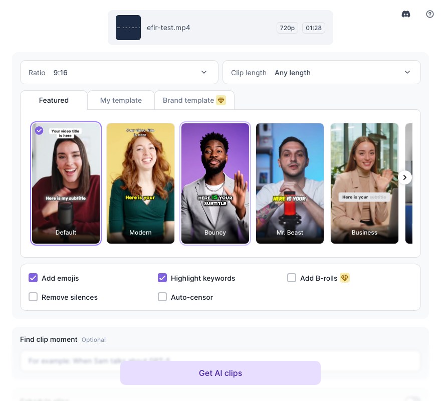 Настройки клипов Vizard: формат 9:16, длина клипа, шаблоны субтитров, галочки Add emojis и Remove silences