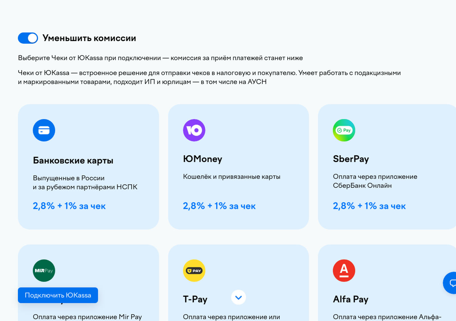 Страница тарифов платёжного сервиса: комиссия 2,8% плюс 1% за чек на карты, кошелёк и платёжные приложения