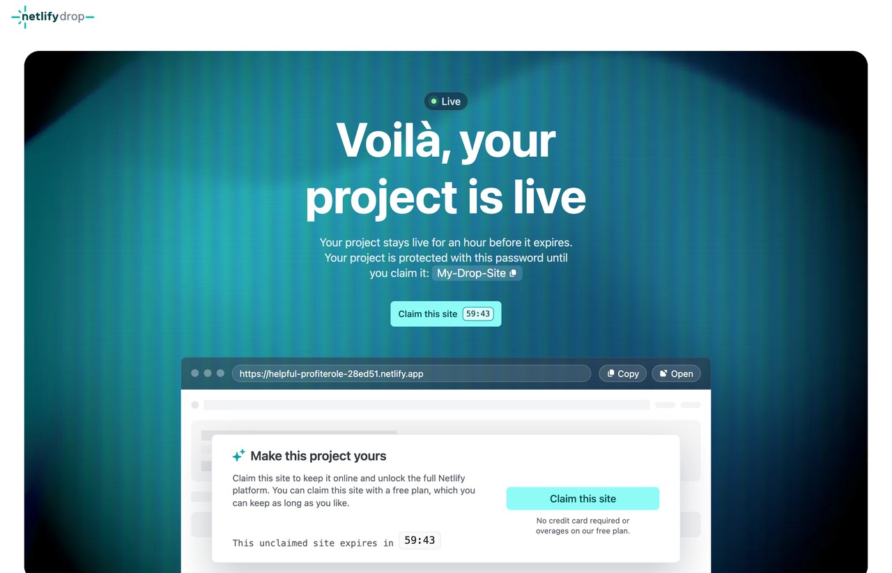 Экран Netlify после загрузки: заголовок Voila, your project is live, пароль My-Drop-Site и обратный отсчёт