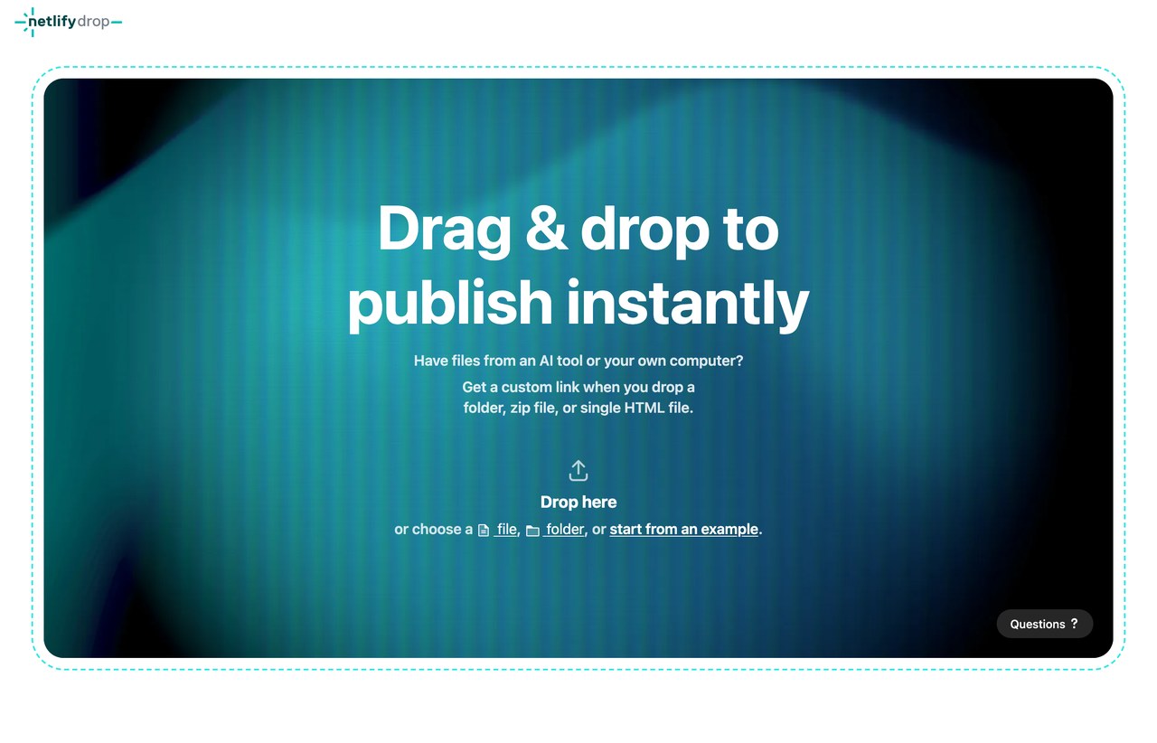 Экран Netlify Drop без входа: пунктирная зона загрузки и надпись Drop here со ссылками file и folder