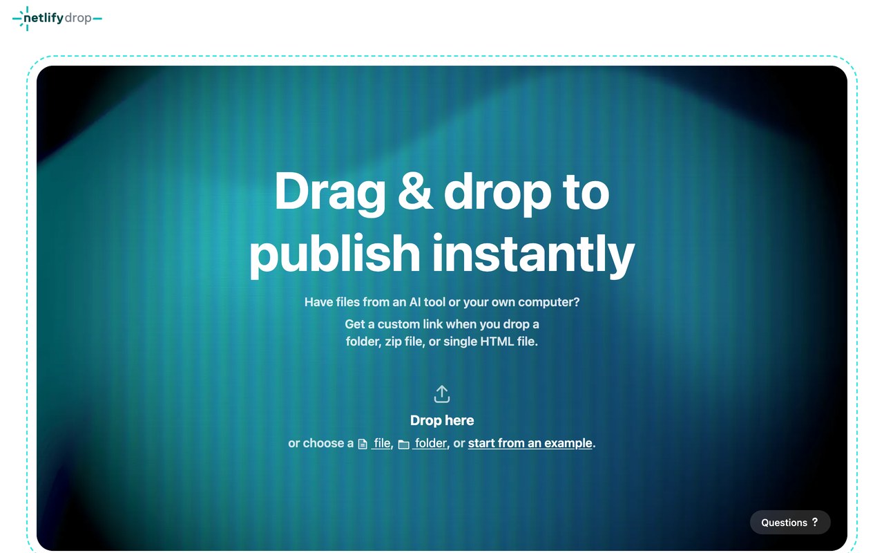 Страница Netlify Drop: пунктирная зона загрузки с надписью «Drag & drop to publish instantly»