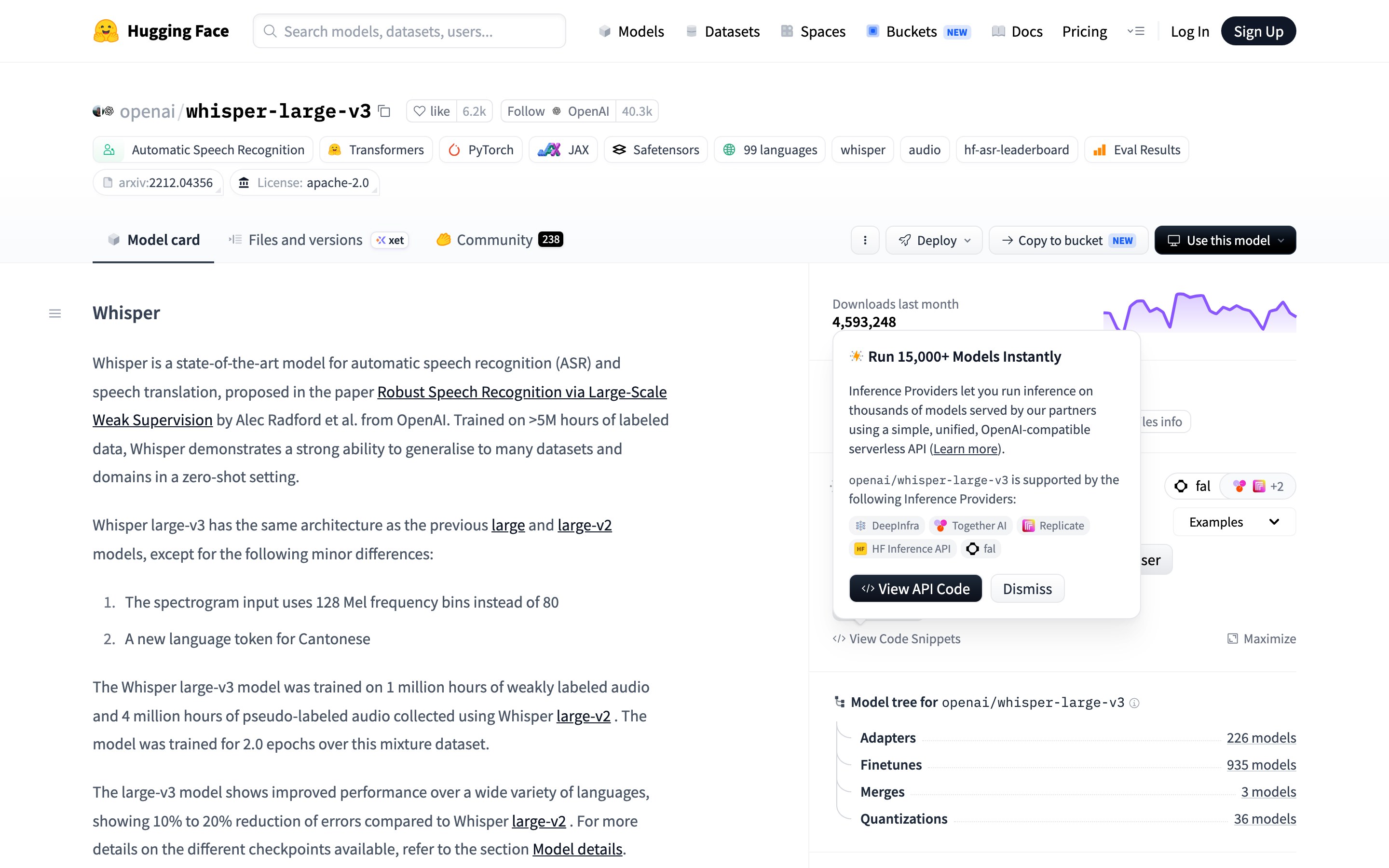 Карточка модели whisper-large-v3 на Hugging Face: языки, лицензия и число скачиваний за месяц