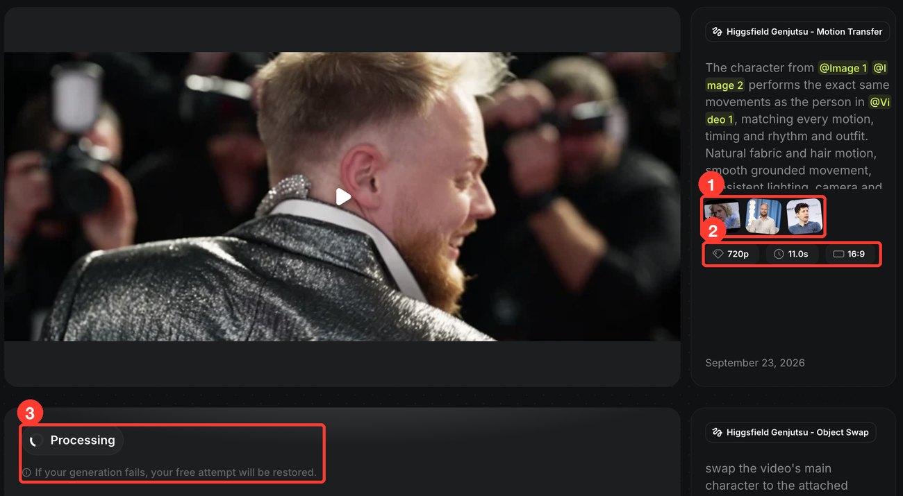 History в Genjutsu: готовая карточка Motion Transfer с тремя миниатюрами, 720p, 11.0s, 16:9 и карточка Processing