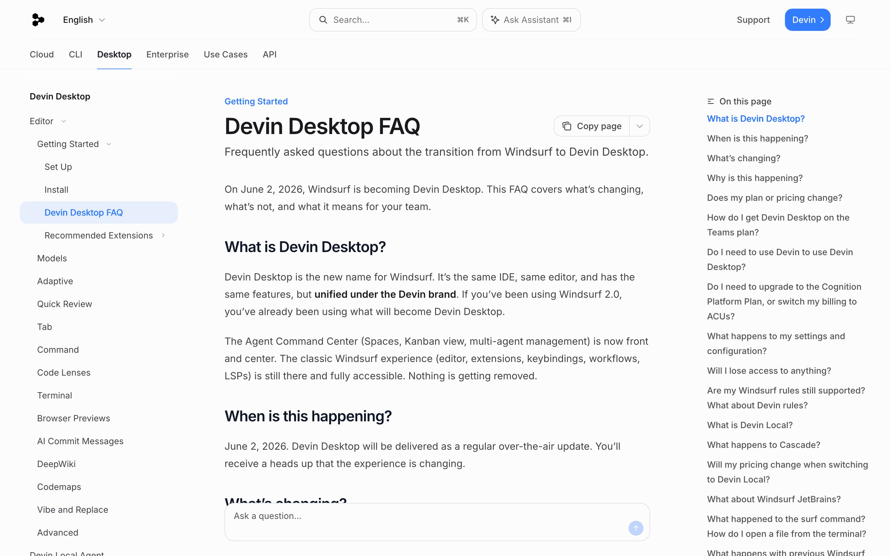 Справка Devin Desktop: раздел о том, что Windsurf со 2 июня 2026 года переименован в Devin Desktop